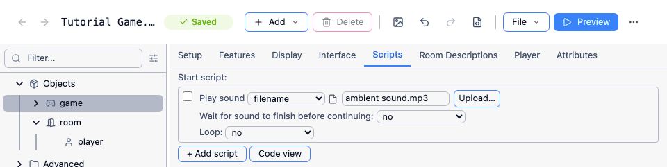 The Play sound script command, with a filename, a wait option and a loop option