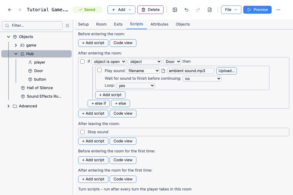 A room’s scripts tab, playing a looping sound on entry and stopping it on exit